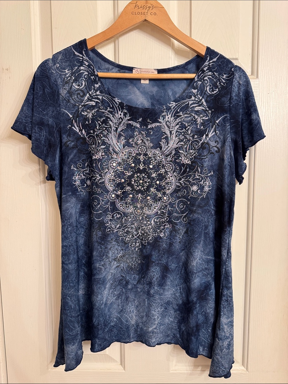 Embellished Navy Short Sleeve Medallion Tee by